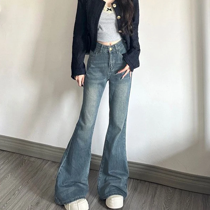 

Women Light Wash High Waist Flare Jeans Slim Fit Casual Wide Leg Denim Pants Streetwear