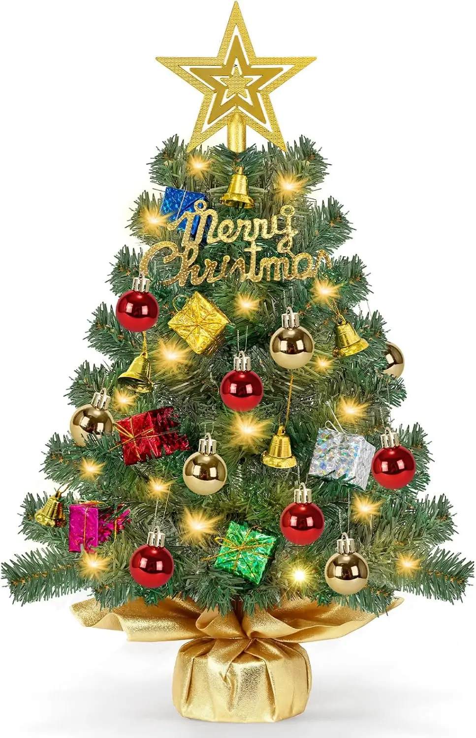 

24-дюймовая реалистичная рождественская елка с 50 теплыми огнями, домашний декор столешницы на батарейках