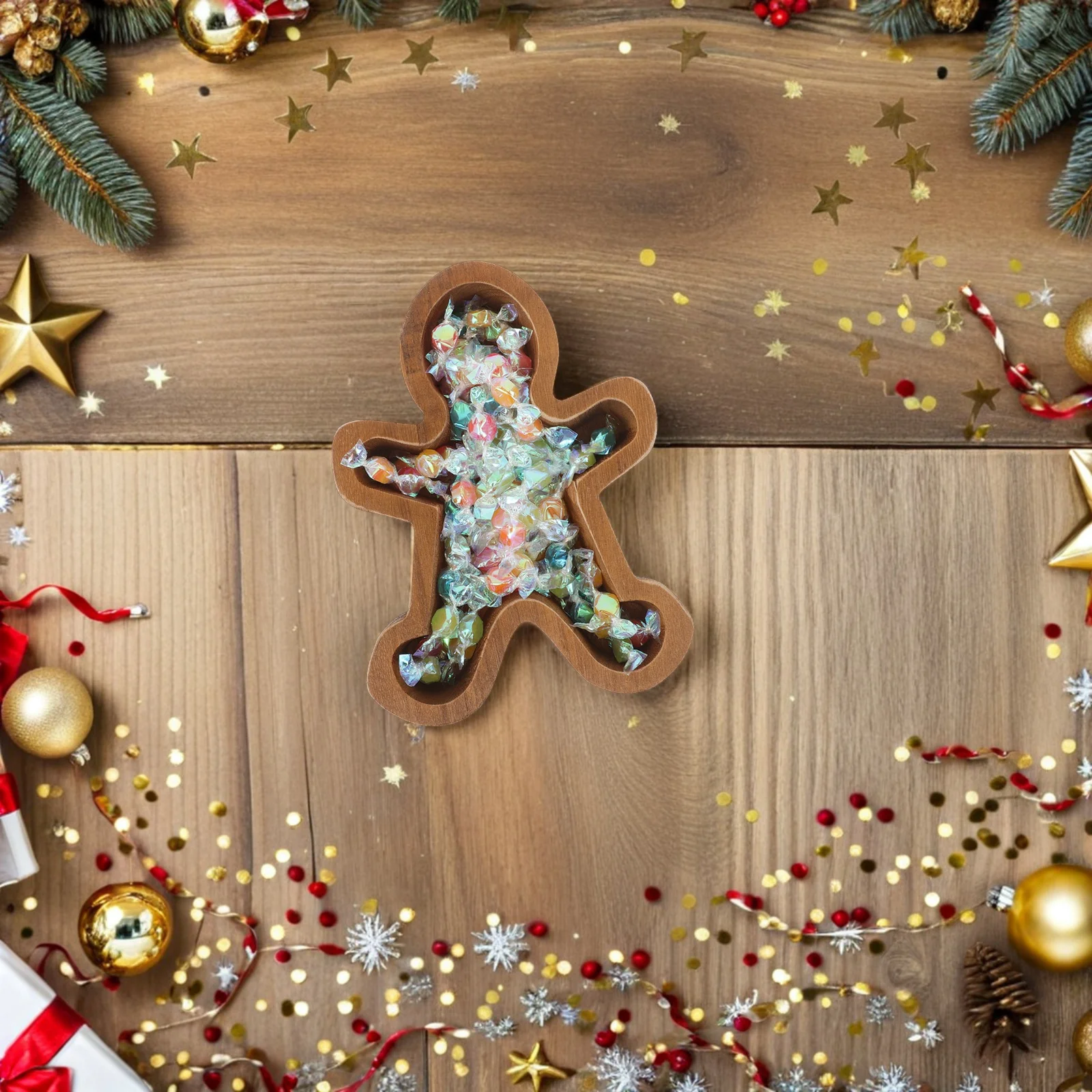 Gingerbread Man Wooden Serving Tray Christmas Holiday Tableware Snack Dessert Fruit Platter Festive Charcuterie Board