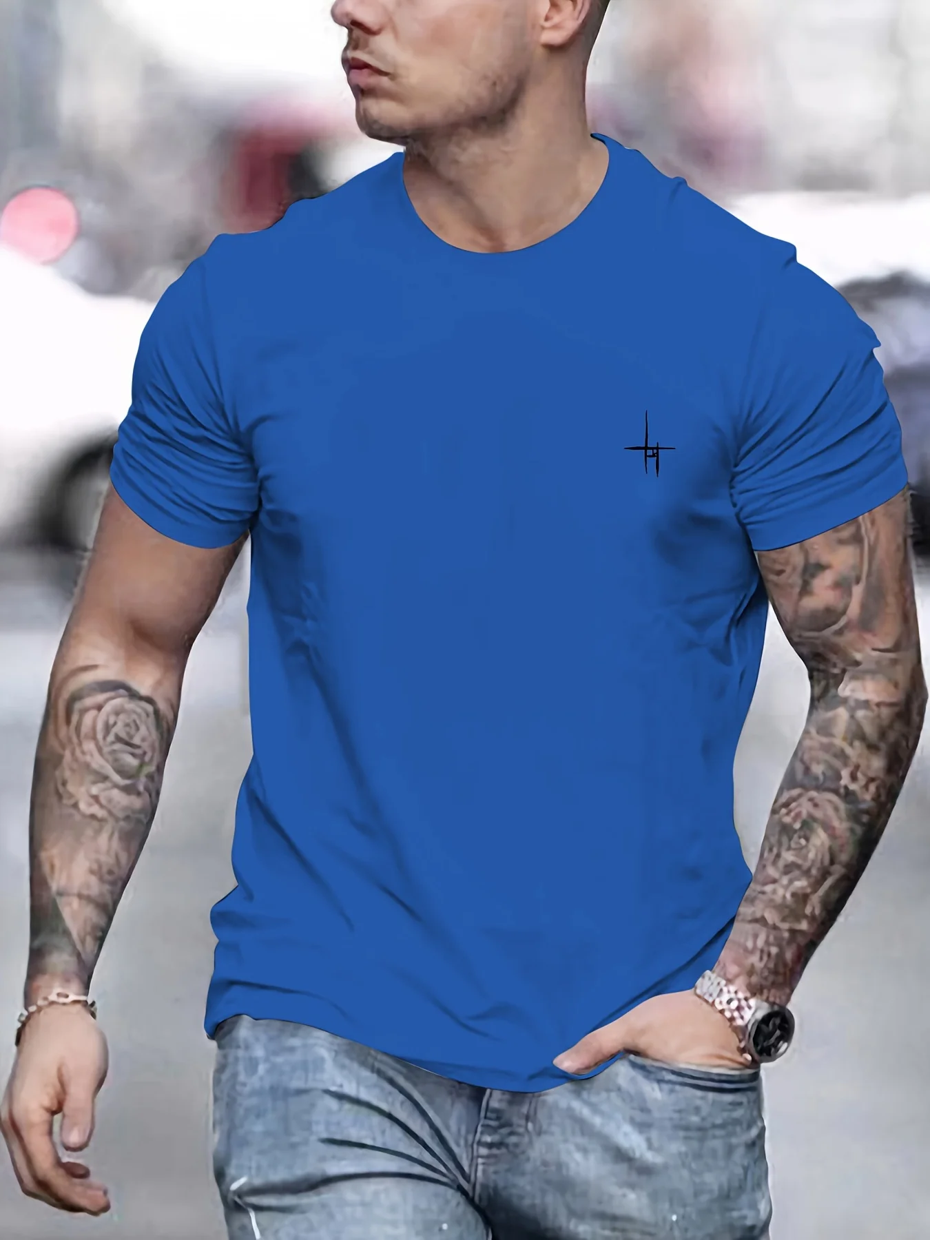 Men's Summer 100% Pure Cotton Casual Loose and Simple Cross Line Pattern Printed Round Neck Short Sleeved T-Shirt Versatile Top