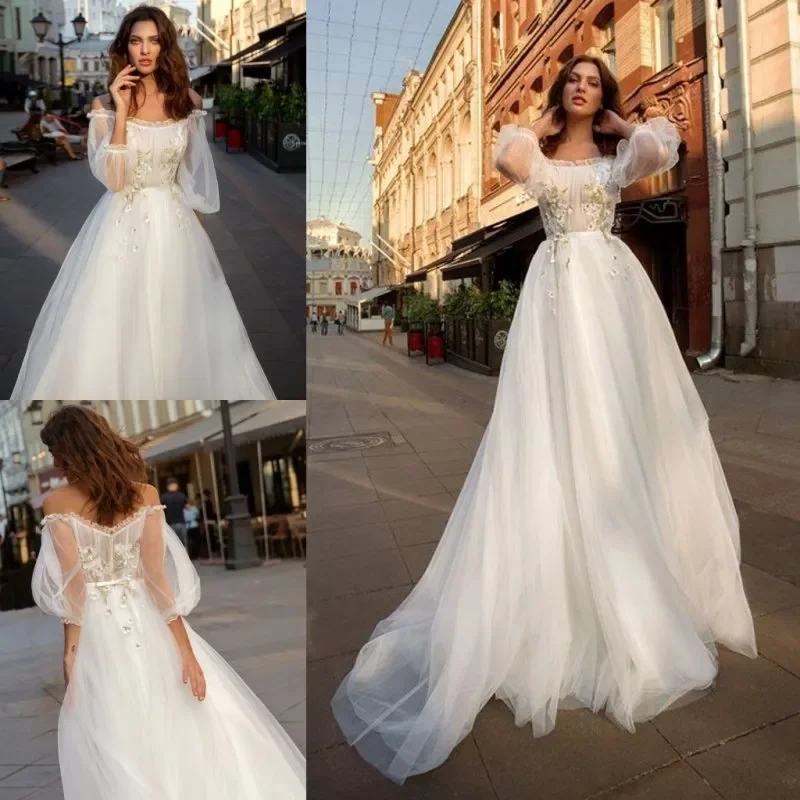 

Fashion beach Long sleeve Wedding Dress A string of off-the-shoulder Boho beaded bridal dresses sweeping train Boho style