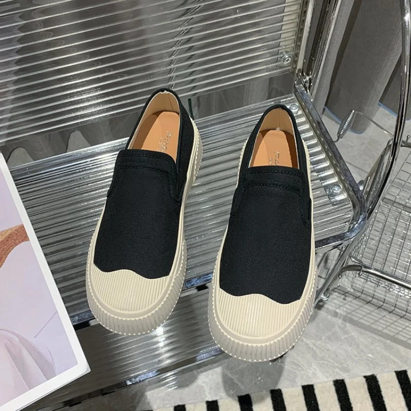 Thick Soled Canvas Loafer Shoes for Women\'s Design Sense Board Shoes Biscuit Shoes Color Matching Slip on Flats Casual Loafers