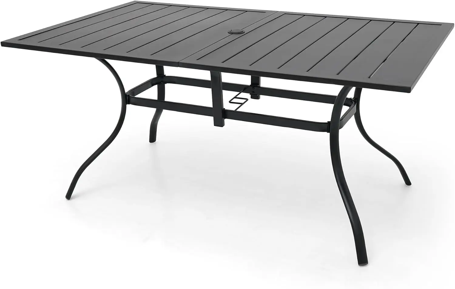 Outdoor Metal Frame Rectangle Patio Dining Table with Slat Top and Umbrella Hole 63