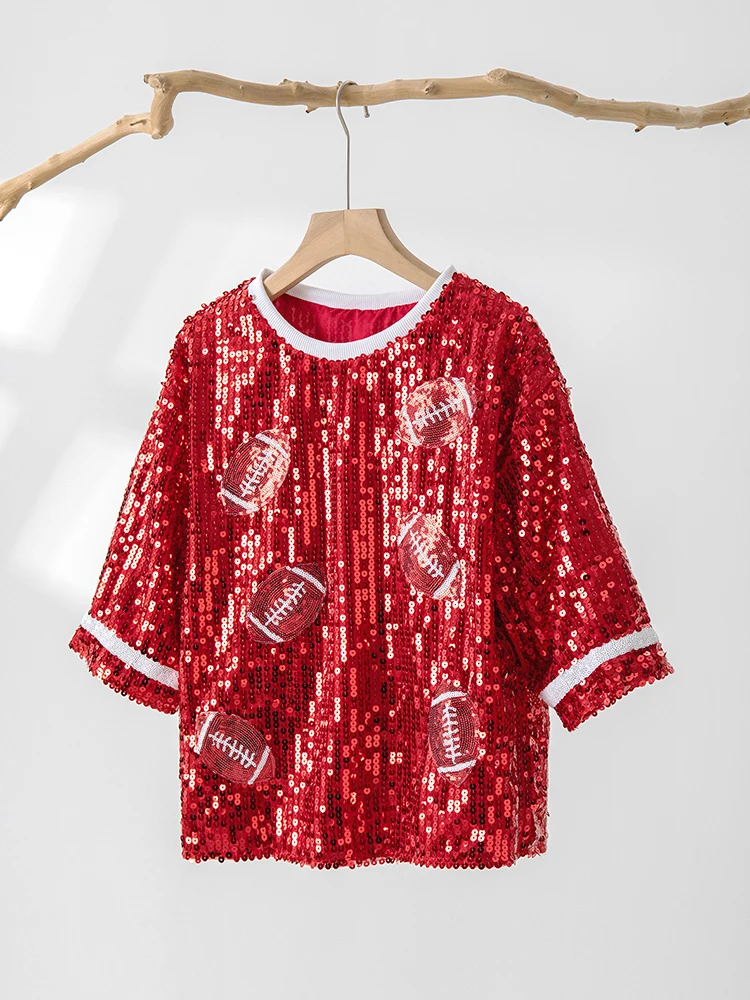 2024 New Casual Glitter Rugby Sequin O Neck Summer T-shirt Cotton Loose Half Sleeve Tee Top For Women