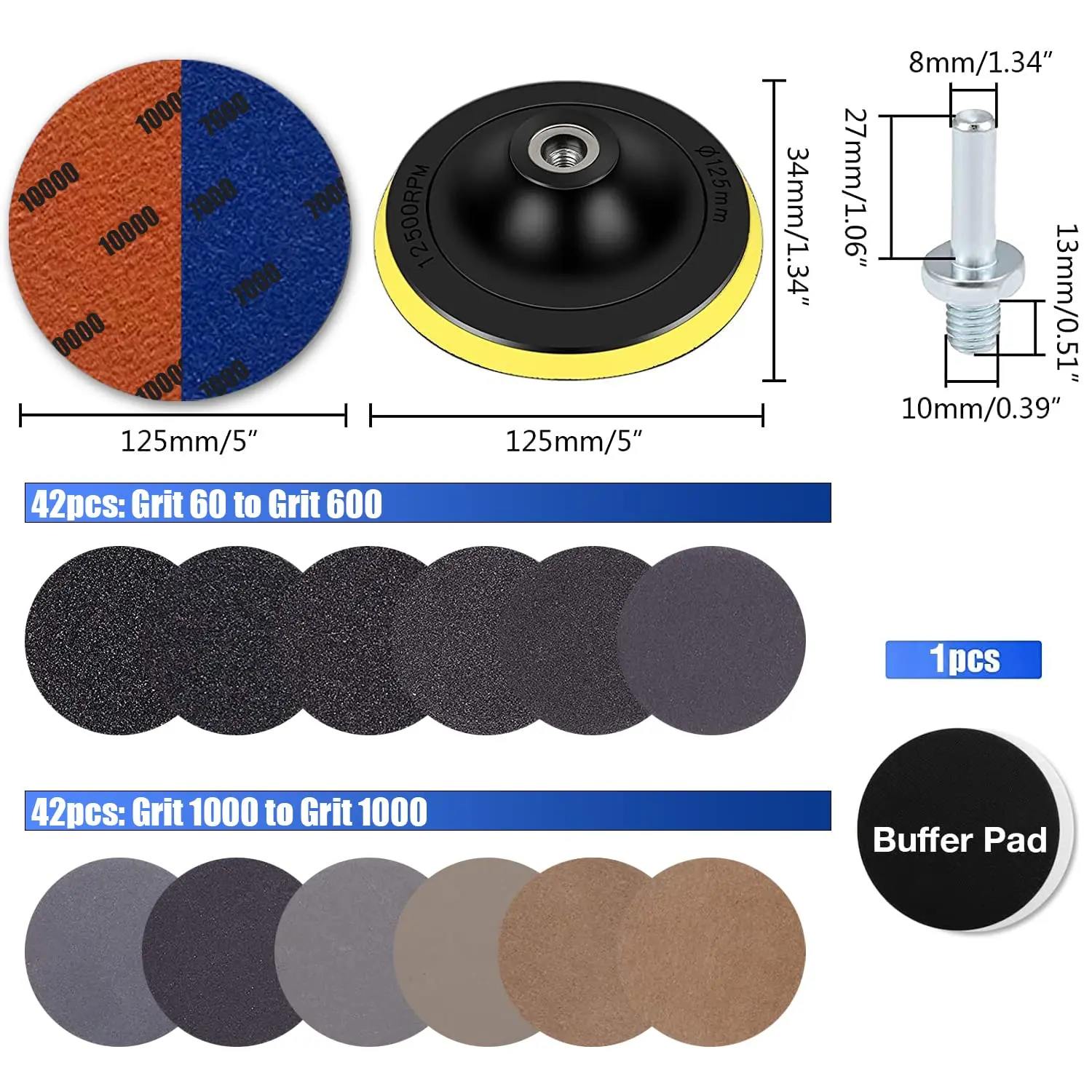 5 Inch Wet and Dry Sandpaper 87 Pcs 60-10000# Assorted Grit with Backing Pad Hook Loop Sanding Disc with Pad Grinding Abrasive