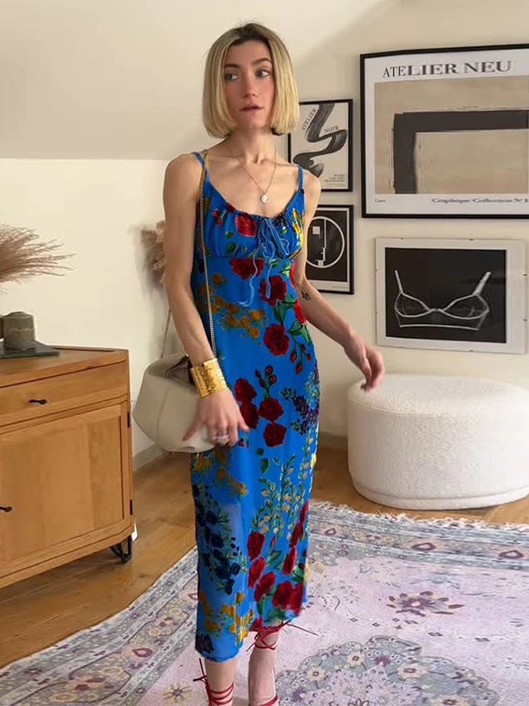 Retro Printed Camisole Long Dress Woman Lace up Waist Cinched Backless Flower Sleeveless Dresses Fashion Sexy Lady's New Dresses - Image 3