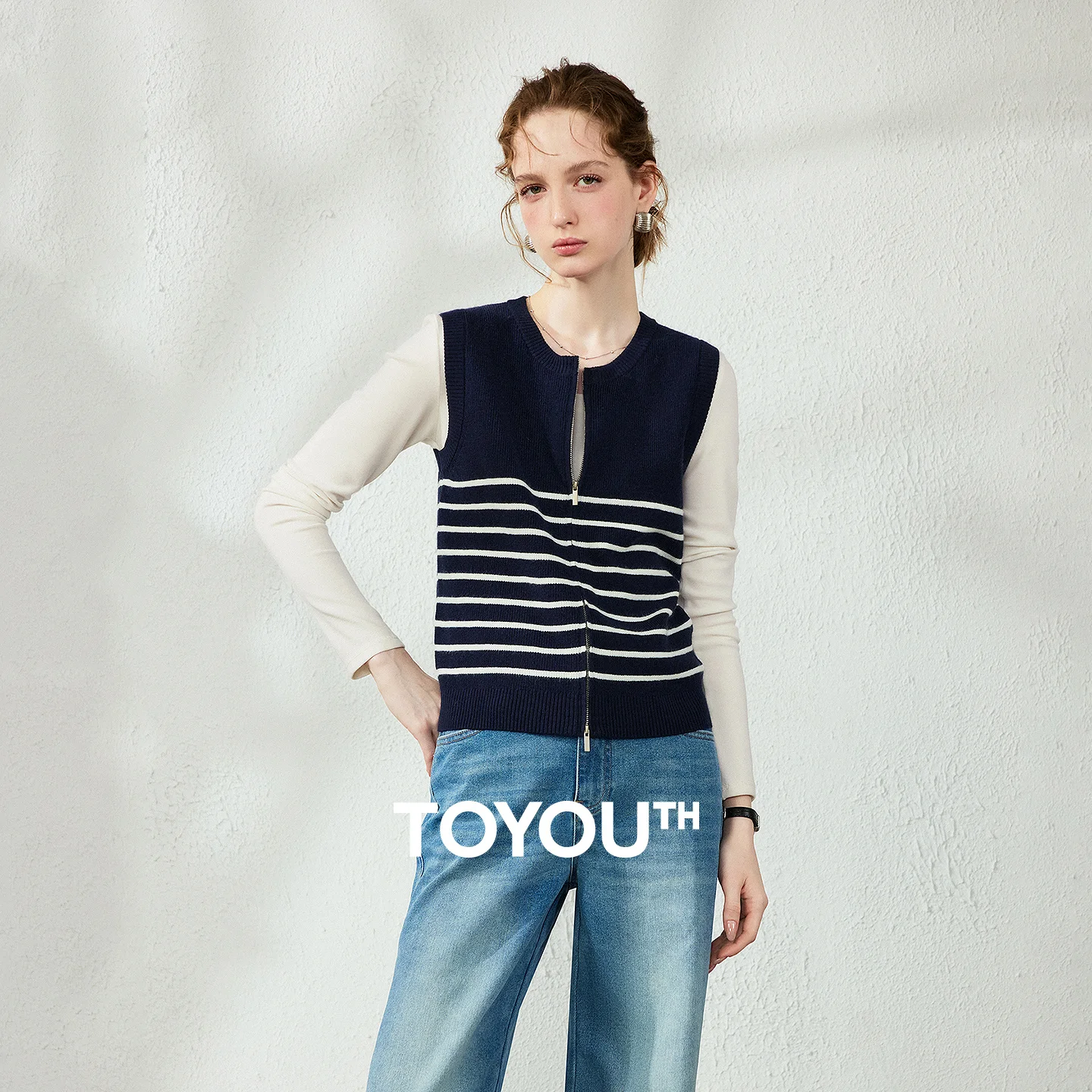 TOYOUTH Womens Knit Sweater 2026 Autumn New Zipper Striped Vest Slim Fit Figure Flattering Top
