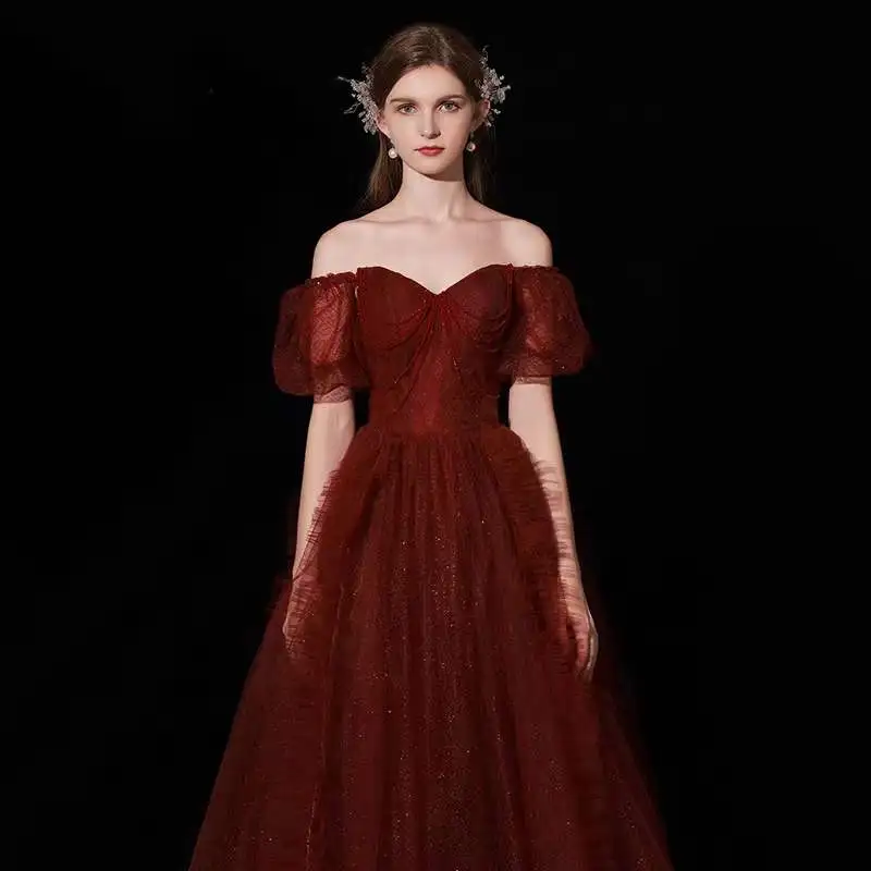

Burgundy Evening Dresses V-Neck Off The Shoulder Sparkling Sequins Beaded Pleat A-Line Long Tulle Formal Banquet Party Prom Gown
