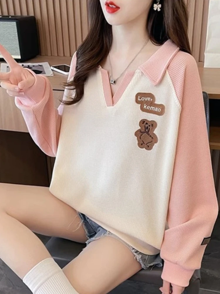 

Autumn Panelled Sweatshirts Women Lazy Fashion Baggy Tender Embroidery Design Kpop Clothes Classic Vintage Long Sleeve Mujer Ins