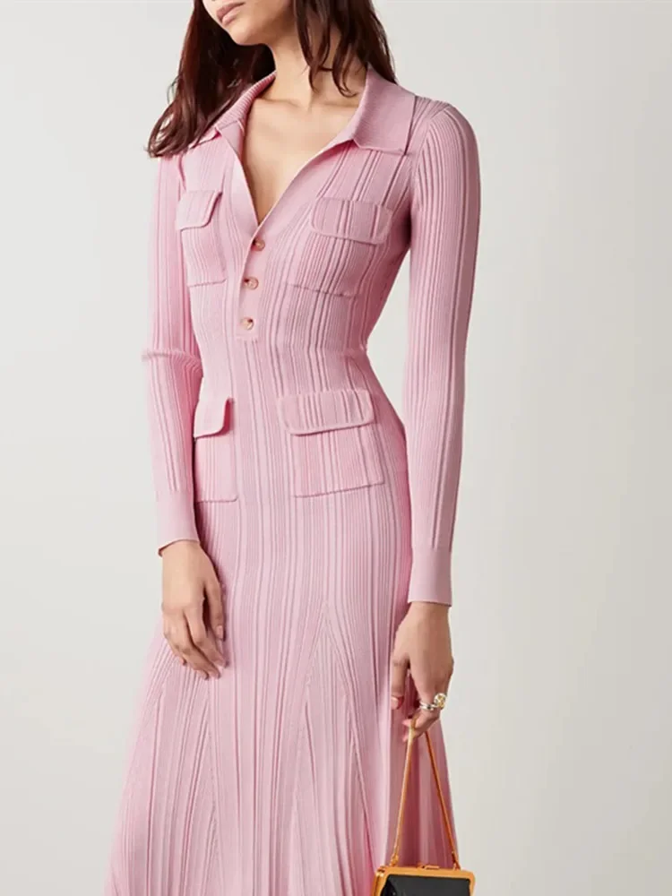 

Women Pink Knit Midi Dress Turn-Down Collar Pockets 2023 Spring Slim Elegant Female Long Sleeve Midi Robe with Buttons