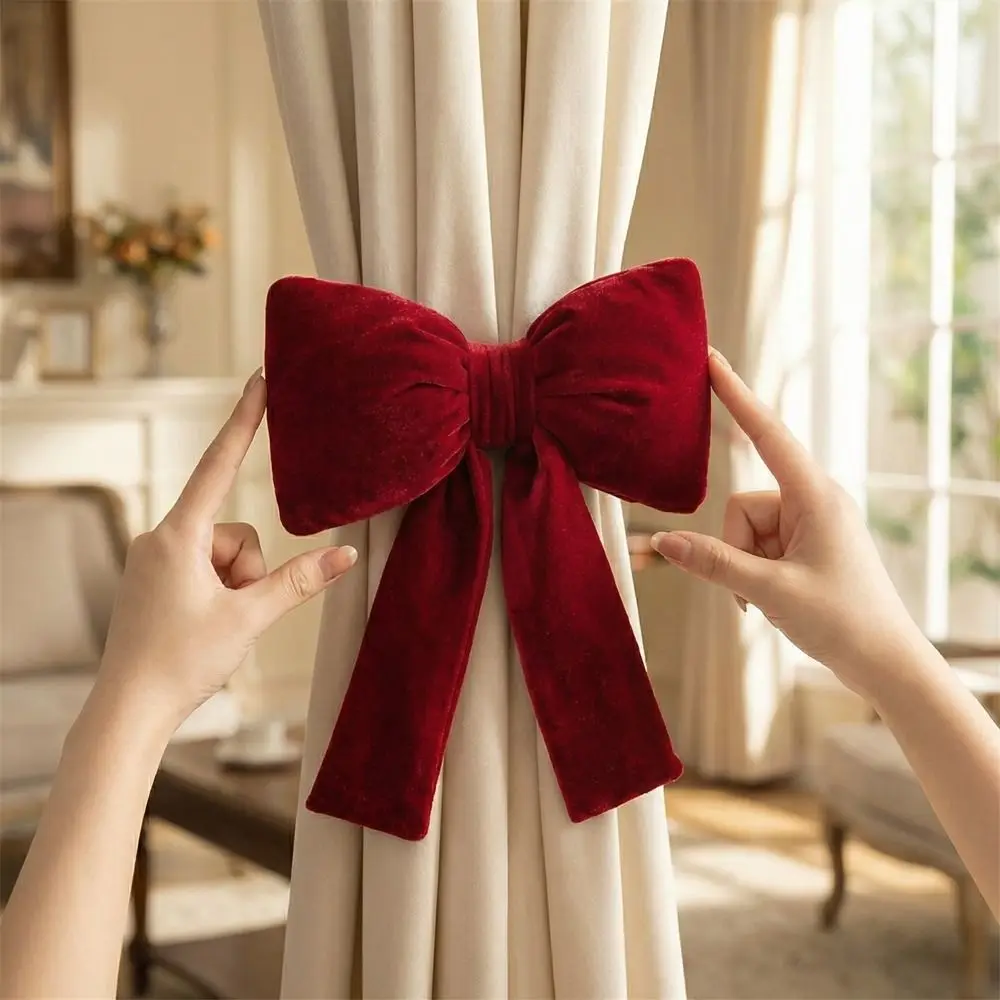 Decorative Velvet Bow Curtain Straps Adjustable Red Mosquito Net Tie with Tassels Romantic Curtain Tieback Wedding Celebration