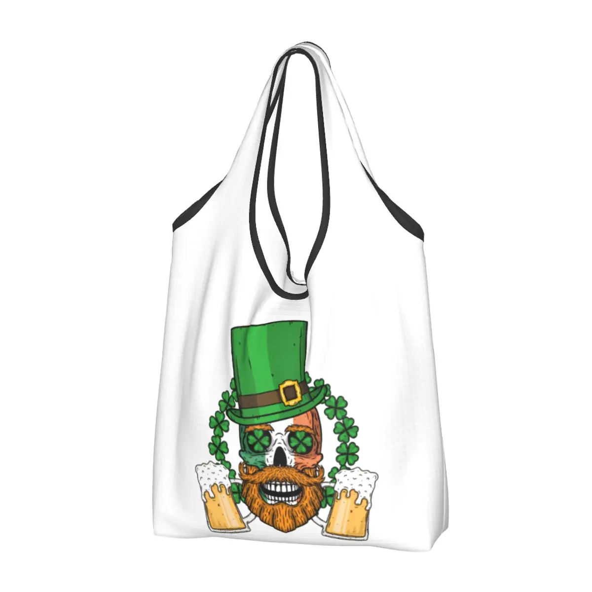 Irish Skull Saint Grocery Bag Machine St Patrick's Day Green Lucky Shamrock Shopping Bags Large Eco Storage Bag Attached Pouch