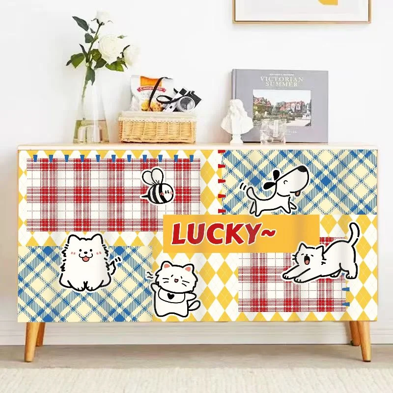 VIKAMA Pastel Plaid Cabinet Curtain, Dustproof Wardrobe Door Curtain for Office Laundry Room Nursery Decor