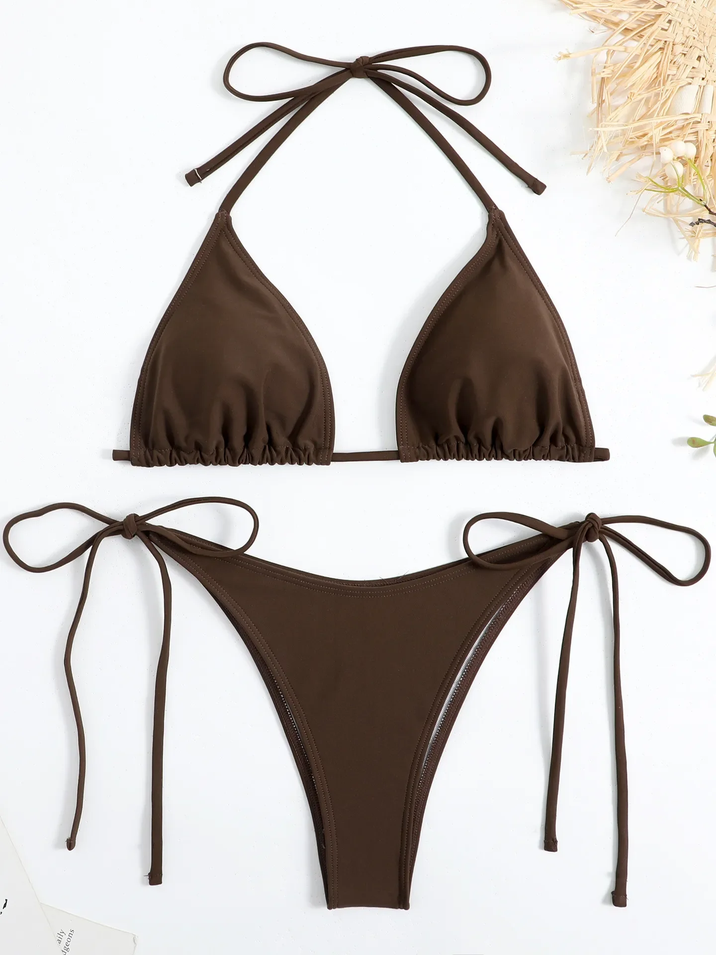 Bikini marrón Sexy para mujer, traje de baño rojo liso con cuello Halter, sujetador de realce con lazo lateral, traje de baño triangular, traje de baño de verano con cordones, Micro traje de baño 2025