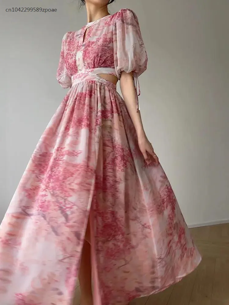 French Long Pink One-piece Dress Cherry Blossom Lofa Art Print Design Maxi Skirt Sense Off The Waist Floor-length Seaside Dress