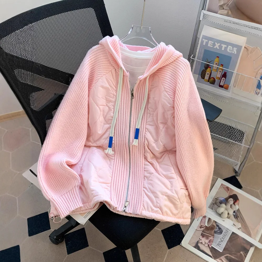 Lazy style cotton clothing splicing design sweater jacket women 2024 winter new style super nice loose hooded cardigan