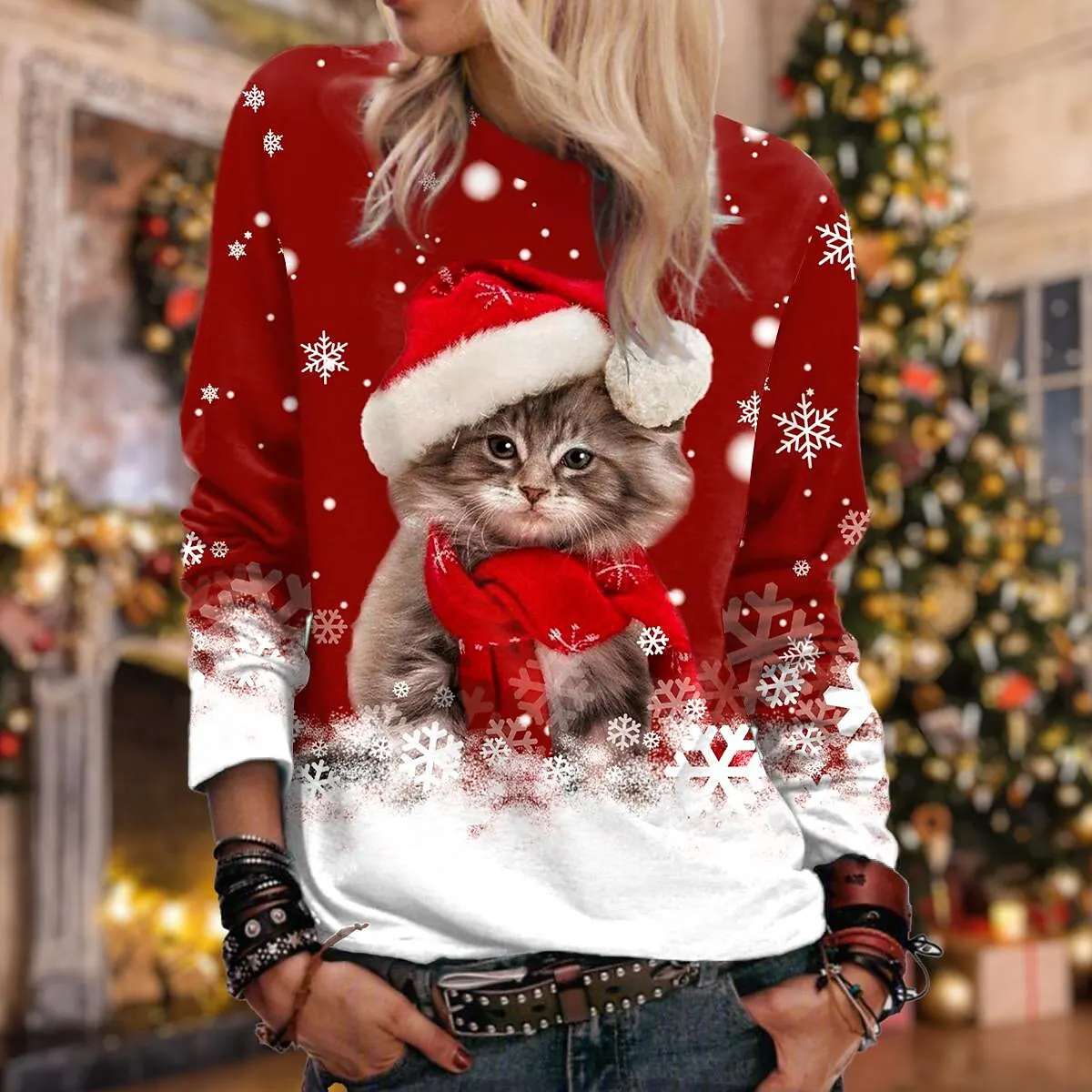 Christmas Women\'s Sweatshirt Cat Sportswear Holiday Print Christmas Casual Round Neck Long Sleeve Top Micro Stretch S-3XL