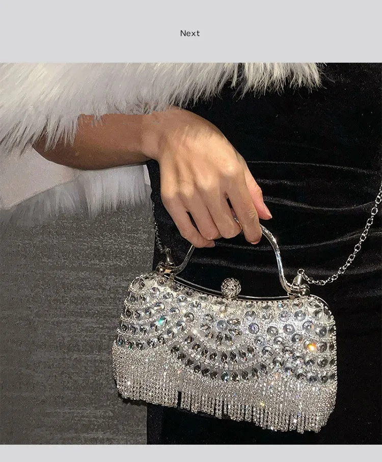 Metallische Strass-Diamant-Abendclutch mit Goldener Quaste, Luxuriöse Braut-Hochzeits-Party-Handtasche für Damen, Formelle Bankett- und Abschlussball-Tasche – Detail 15