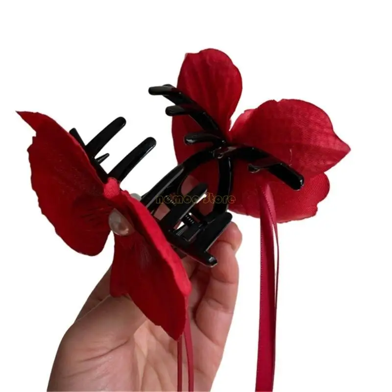 31BF Hair Claw Clip Large Barrettes Phalaenopsis Elegant Flower Hair Clamps Long Ribb
