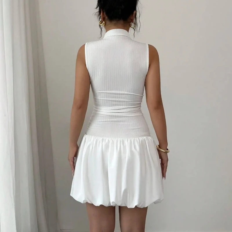 Elegant Tight Small Turtleneck Sleeveless Pleated Lantern Hem AB Fabric Splicing Pit Strip Woven White Summer Women's Dress