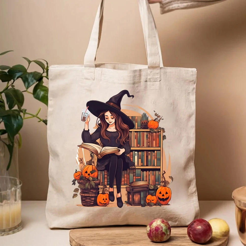 Pumpkin Witch Tote Bags Witchy Gift for Book Lover Ladies Shopping Canvas HandBag Bookworm Back To School Reading Librarian Gift