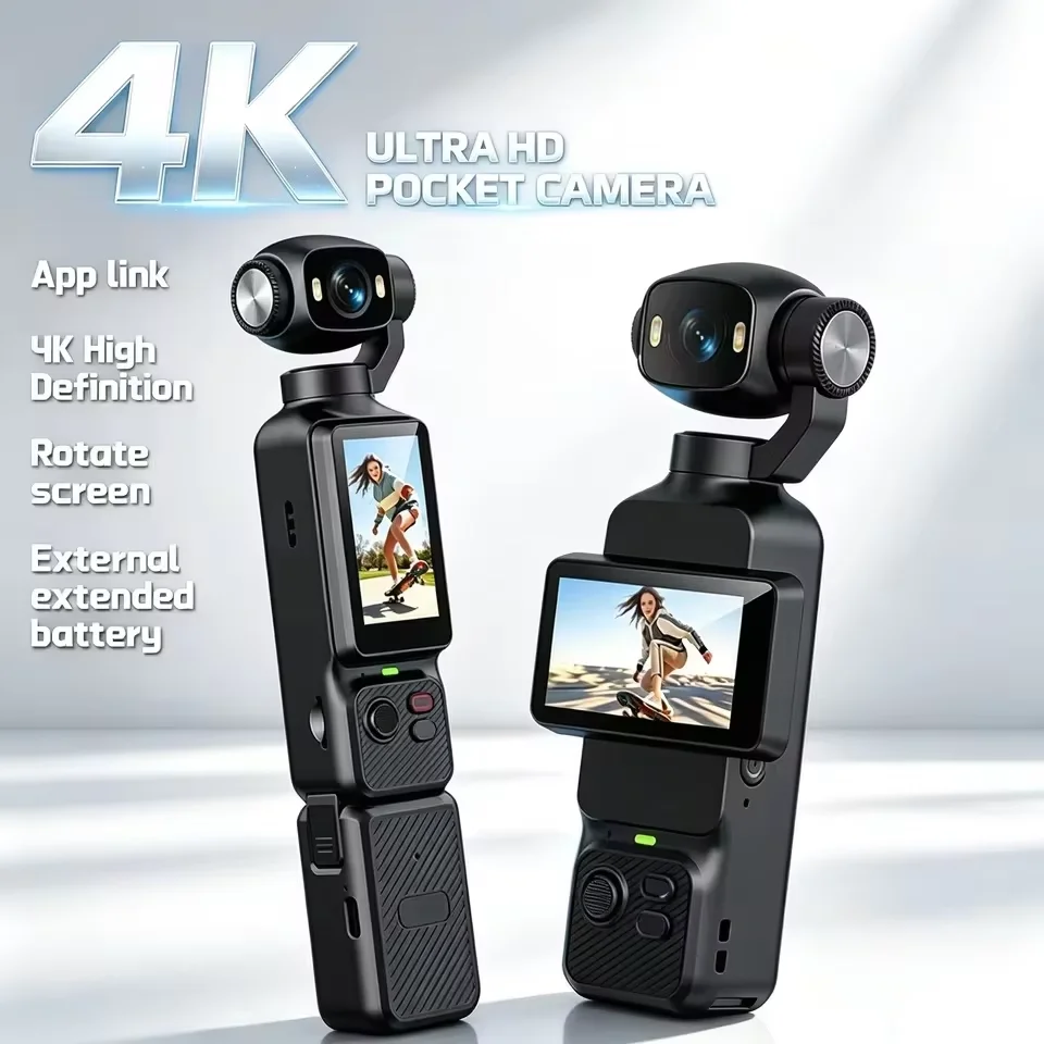 Nova câmera de ação portátil 4K com gimbal, lente rotativa HD de 180°, antivibração, câmera de bolso para vlogs com luz de preenchimento para esportes ao ar livre