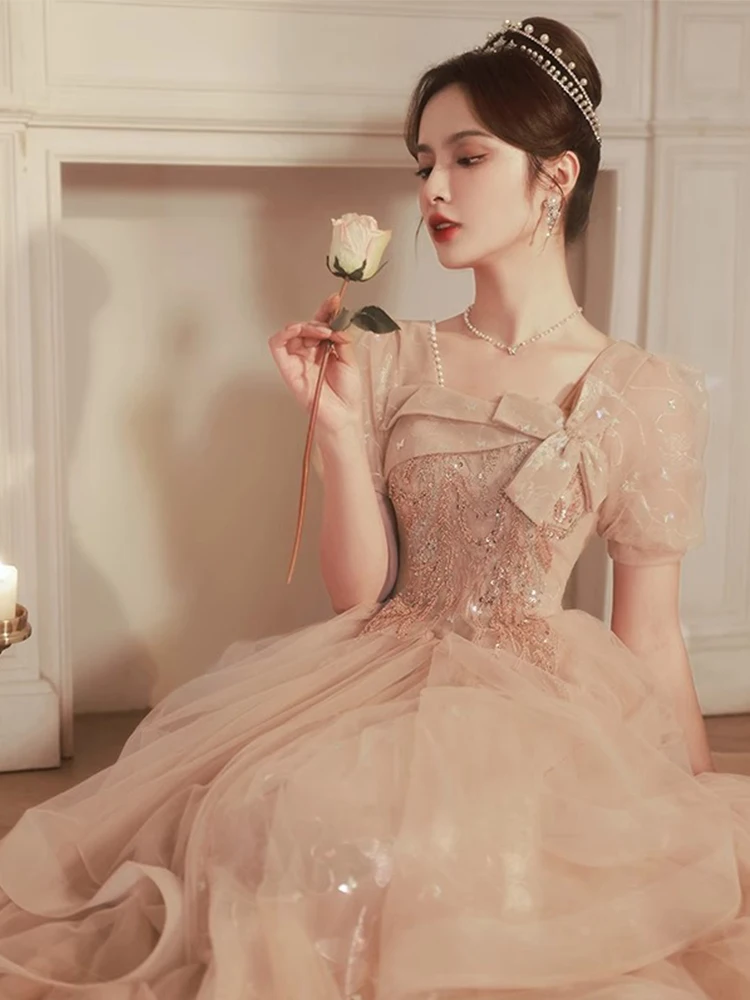 

Champagne Color Evening Gown Women's Host Fairy T Dr Luxury Subtle Ele Zipper Sle Sequin Embellied Midi Dr