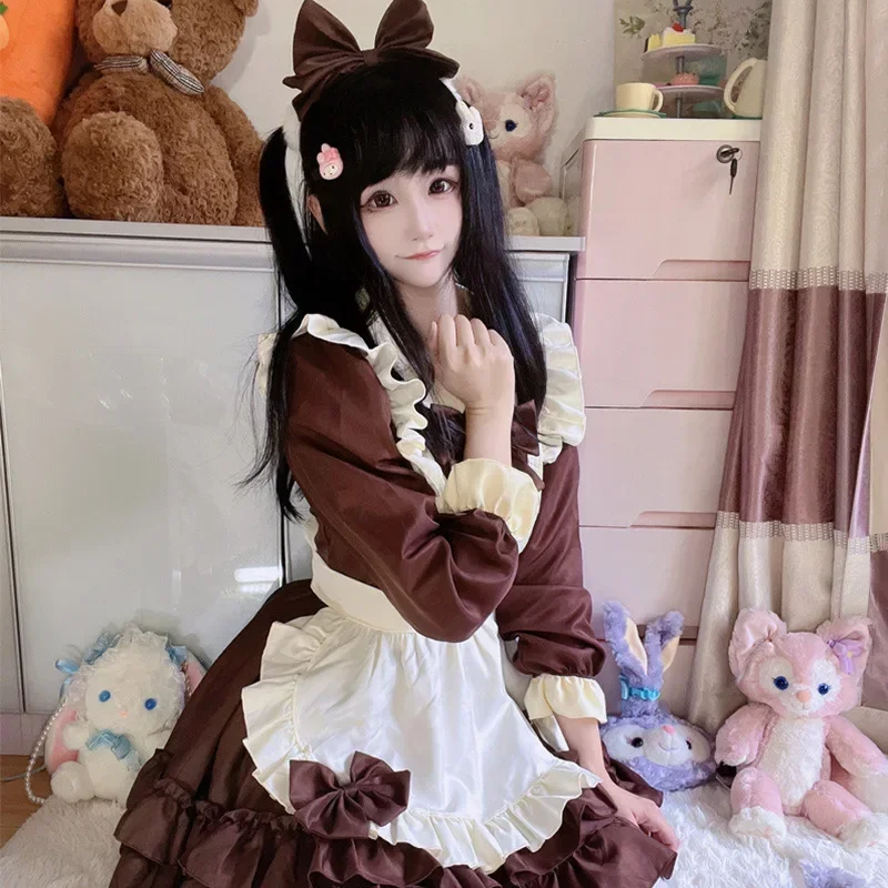 

2025 new French Maid Chocolate Maid Cafe Dress Cosplay New Dress Brown Bow Lolita Sweet Dress Halloween Costumes for Women