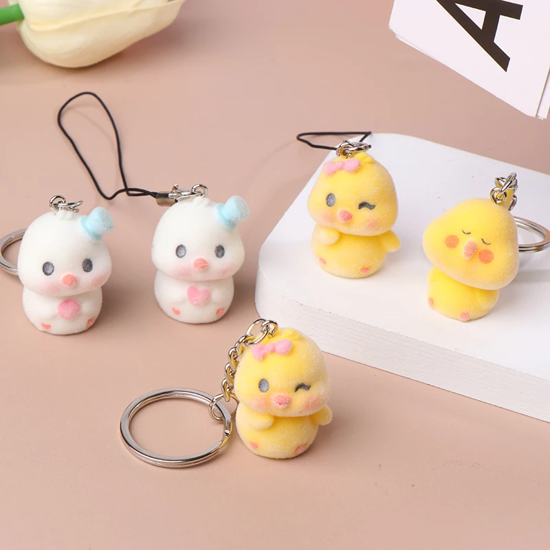 Cute Flocking Duck Keychain Cartoon Animal Phone Chain Earphone Case Pendant Lanyard Backpack Bag Decor Car Key Ring