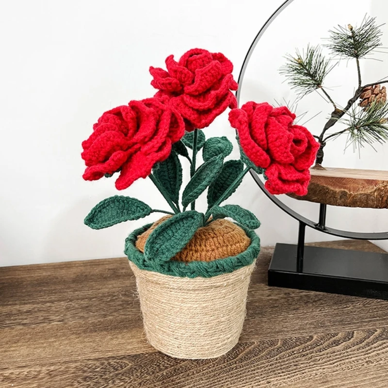 Crochet Flower Hand-knitted Potted Plant Handwoven Chinese Rose Handicraft Gift for Mother Day Wedding Decoration Wholesale