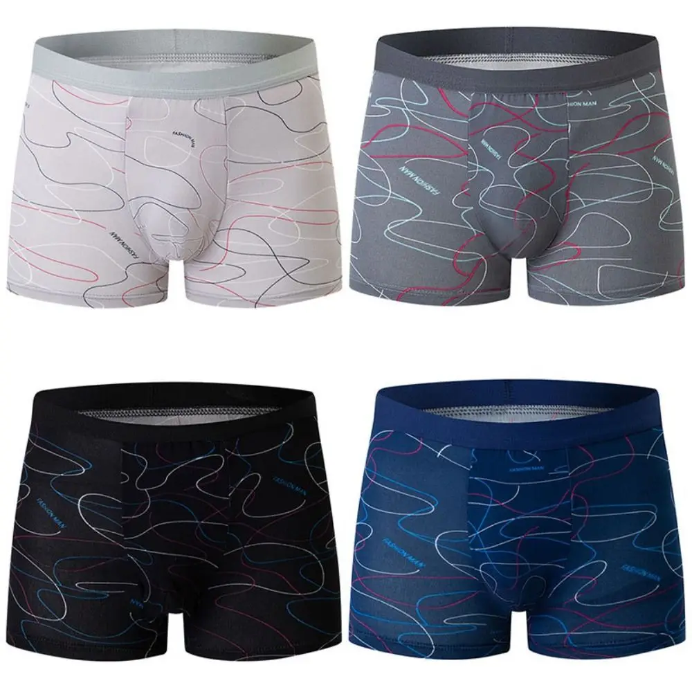 4Pcs Stripe Letter Men's Flat Panties Mid Waist Seamless Sporty Boxers Shorts Large Size Underpants Men's Underwear Gifts