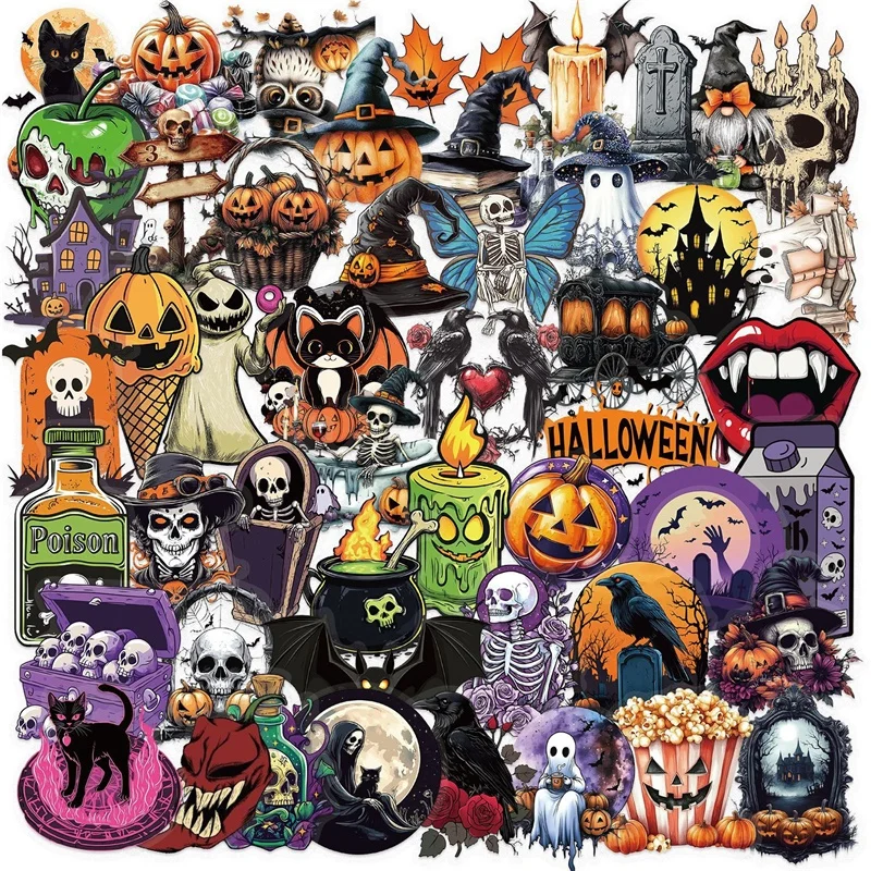 

50PCS Cartoon Funny Halloween PET Sticky Sticker Aesthetic Tear Open DIY Decoration Scrapbooking Supplies for Kids
