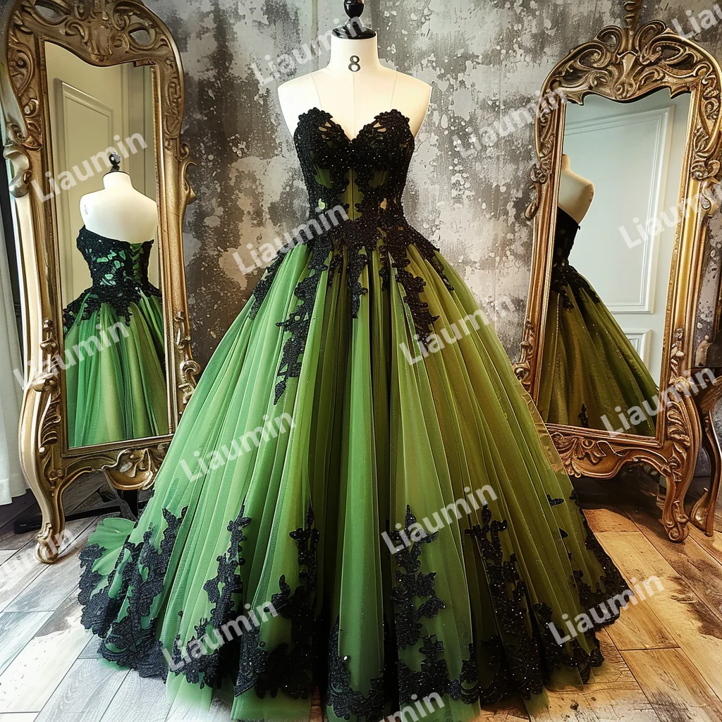 Applique Beading Floor Length Prom Dress, Vestido de noite formal, Lace Up Back Vestuário, Personalizado, Tule Verde, Preto, Clássico, A3-3.26