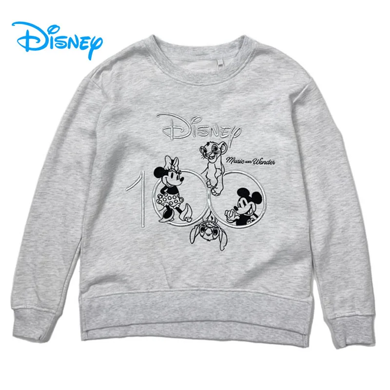 Disney 100th Anniversary Sweatshirt Mickey Minnie Stitch Simba Embroidery Women Casual Fleece Pullover Top O Neck Cartoon Jumper