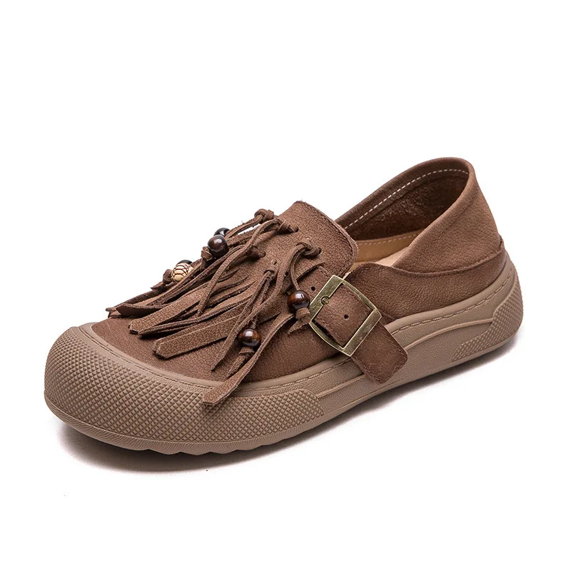 ربيع الخريف جلد طبيعي حذاء مسطح للنساء مع باطن لينة شرابة الرجعية أحذية نسائية مع طبقة علوية جلد البقر حذاء كاجوال