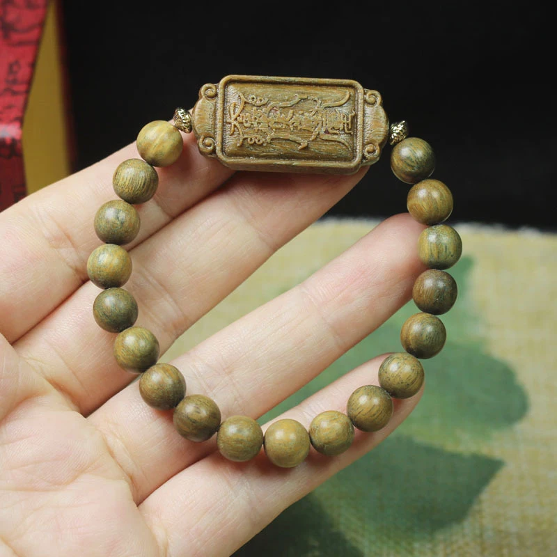 

Green Sandalwood Double-Sided Carved Bracelet 8mm with Fragrant Scent, Unisex Cultural Ornament