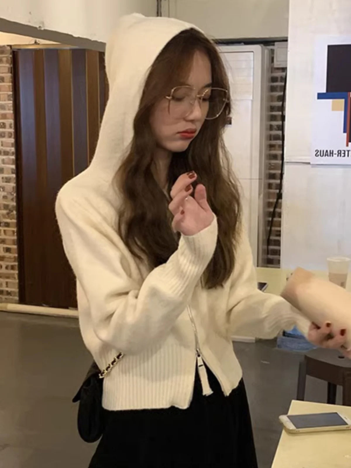 

Thickened Hooded Double Zipper Knitted Sweater Short Style Women's Base Shirt Inner Wear Autumn Winter Outerwear Cardigan Coat