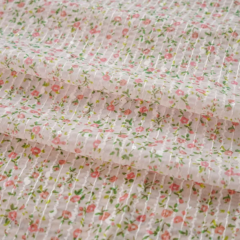 

Romantic pink sequin embroidered printed chiffon fabric for women's children's clothing home decor bouquet decor fabric