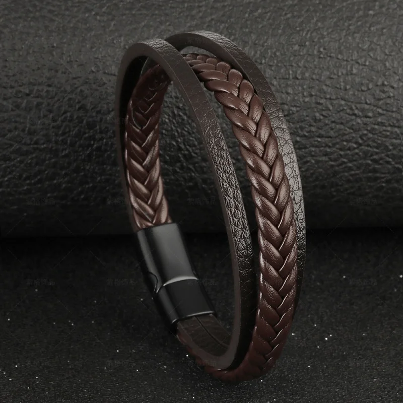 Fashion Genuine Leather Bracelets Men 4-Color Stainless Steel Multilayer Braided Rope Bracelet for Male Female Jewelry Gift 21CM