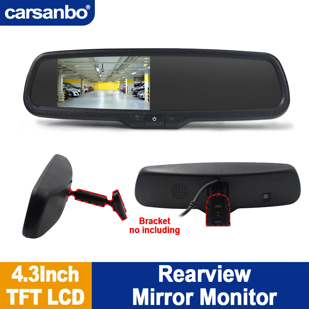 

Автомобильное зеркало заднего вида Carsanbo 4,3 дюйма с ЖК-дисплеем TFT, 2 видеовходами, автоматической сменой экрана, яркостью 500 кд/м²