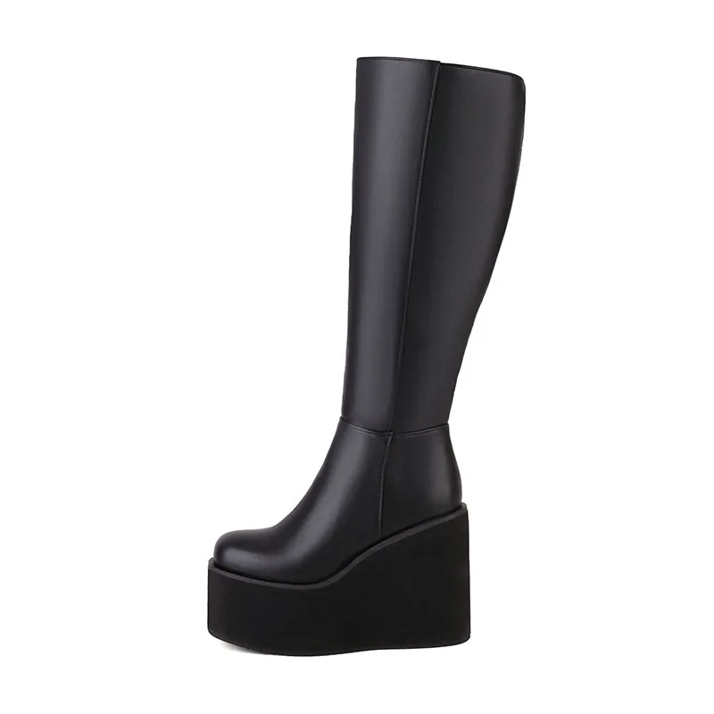 

New Arden Furtado 2024 Autumn Winter Wedges Knee High Boots Round toe Platform Side zipper Super high heel knee high black boots