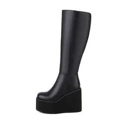 New Arden Furtado 2025 Autumn Winter Wedges Knee High Boots Round toe Platform Side zipper Super high heel knee high black boots
