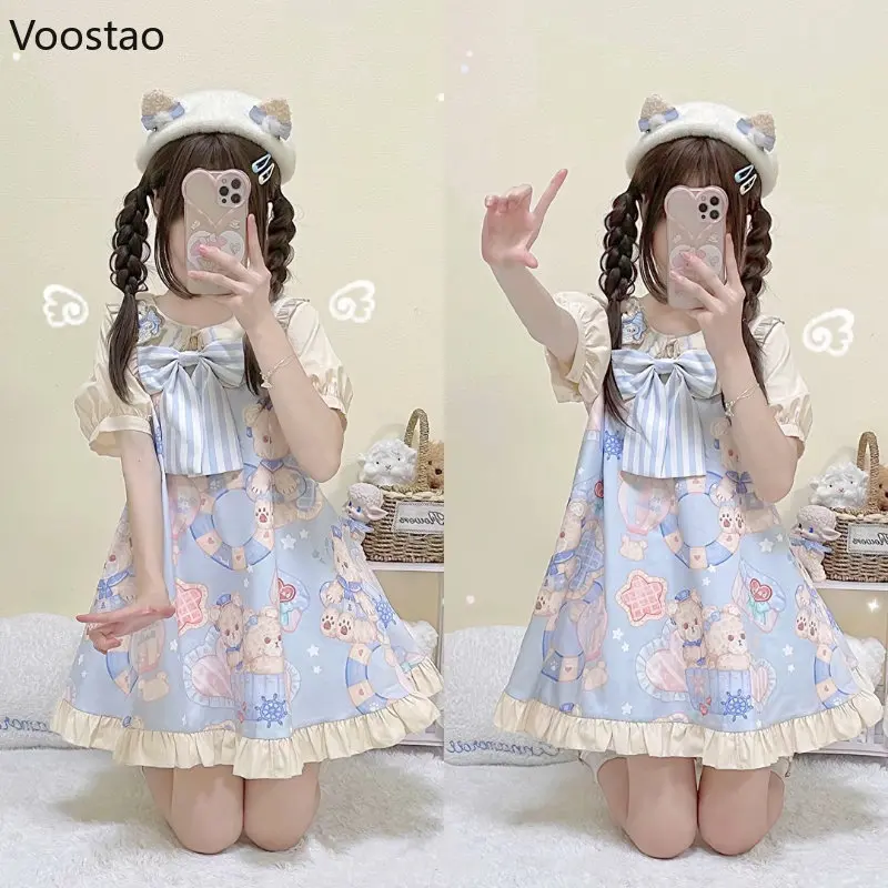 Summer Japan Style Kawaii Lolita OP Dress Girls Cute Cartoon Navy Bear Print Party Dresses Sweet Loose Bow Ruffles Mini Dress