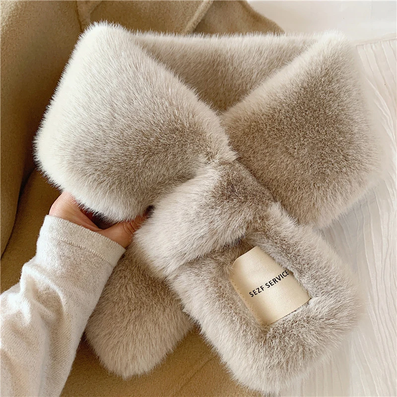 Women Winter Warm Thicken Scarfs Solid Color Faux Rabbit Fur Plush Cross Collar Scarf Shawl Elegant Warm Soft Comfortable Scarf