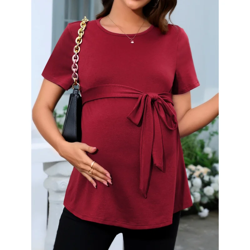 

New European and American Style Women's Round Neck Short Sleeve Top with Belt, Solid Color Maternity-Shirt