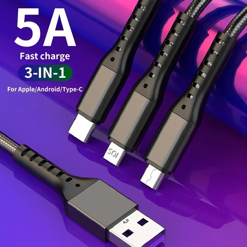 3in1 Fast Charge Cable 4FT Rapid Nylon Braided Cord USB Charging Cable Multi Phone Charger Cable with Type C Micro USB