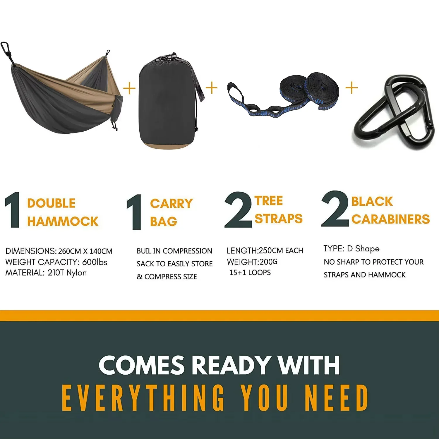 Parachute Hammock with Hammock Straps and Black Camping Survival Travel Carabiner Solid Color Double Person Outdoor Furniture image 5