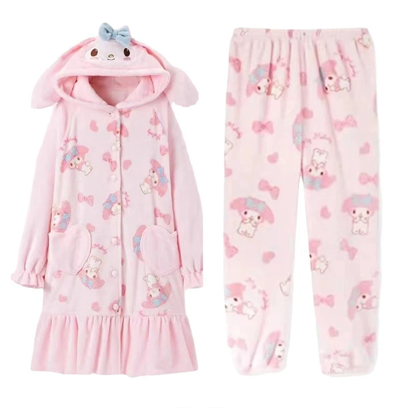 Cartoon My Melody Women Plush Pajamas Robe Set Sanrioed Anime Kawaii Homewear Winter Long Style Thickened Nightgown Pants Sweet