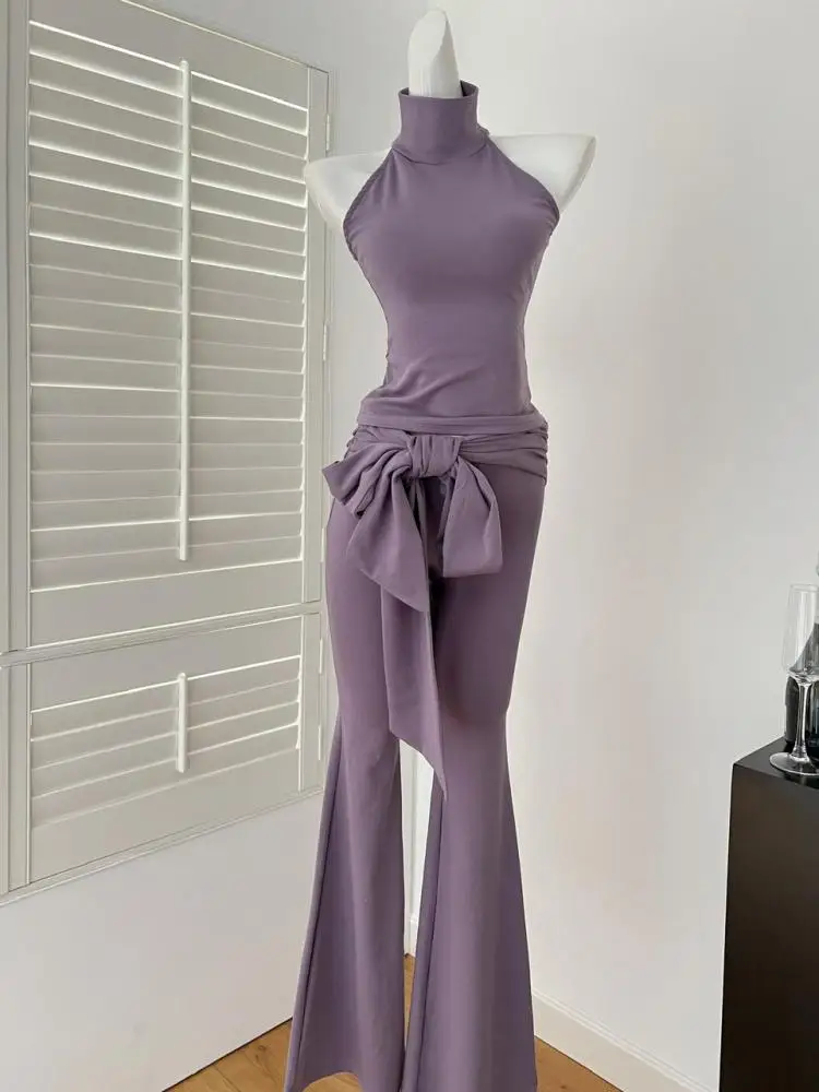 

Женские летние фиолетовые праздничные топы без рукавов на молнии с открытыми плечами и высокой талией с бантом, расклешенные длинные брюки, трендовый комплект из двух предметов