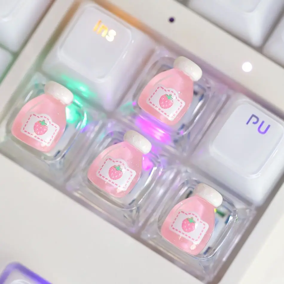 4pcs Personality Strawberry Soda Keycap Transparent DIY RGB Backlit Custom Keycaps for Cross Axis Mechanical Keyboard WASD Key